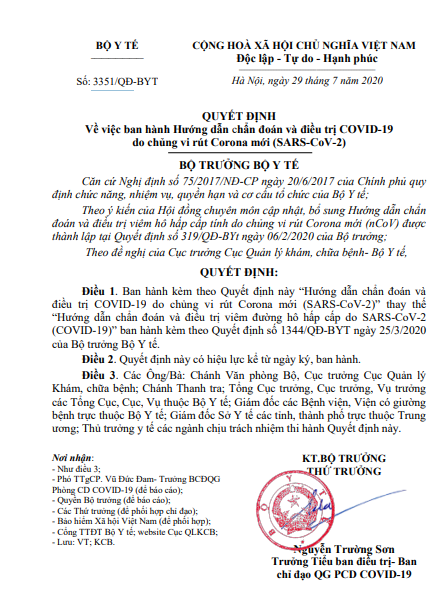 QUYẾT ĐỊNH  3351/QĐ-BYT V/V BAN HÀNH HƯỚNG DẪN CHẨN ĐOÁN VÀ ĐIỀU TRỊ VIÊM ĐƯỜNG HÔ HẤP CẤP DO SARS-COV-2