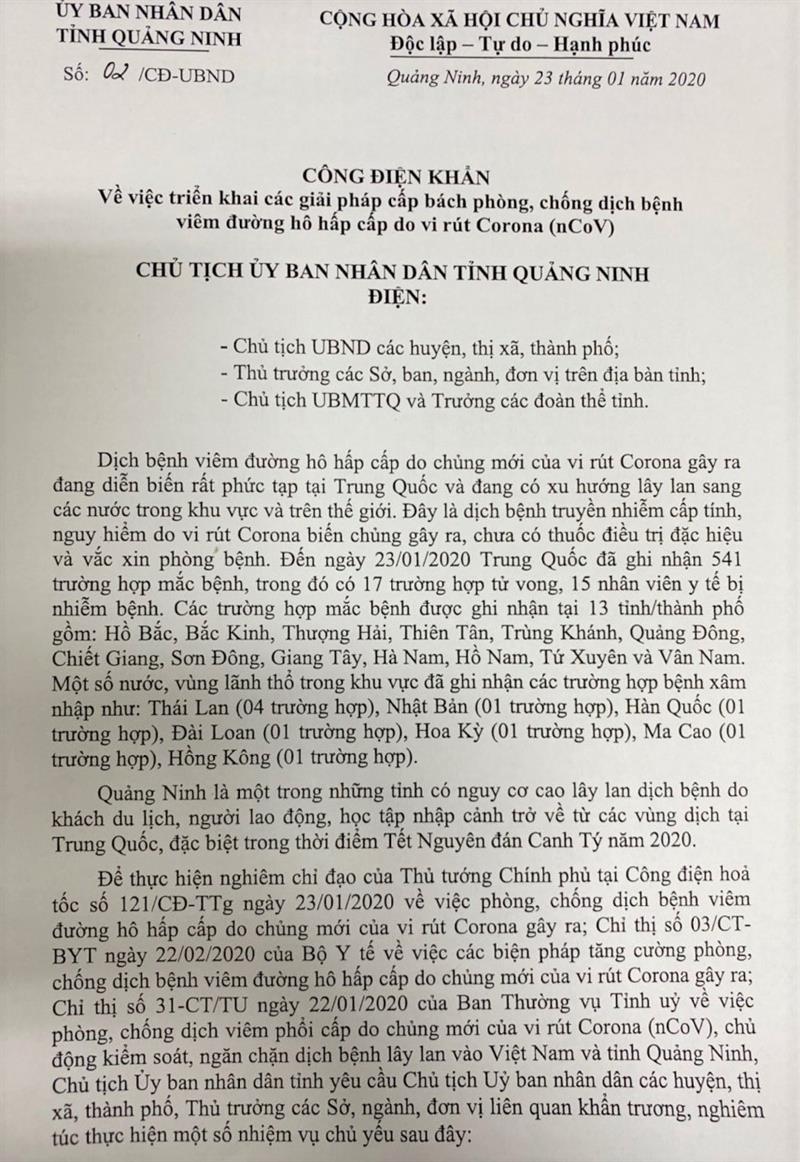 Công điện khẩn về việc triển khai các giải pháp cấp bách phòng, chống dịch bệnh viêm đường hô hấp do virut Corona (nCoV)
